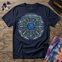 Circular blue and teal mushroom mandala ringed with mycelium threads, on a Navy unisex t-shirt