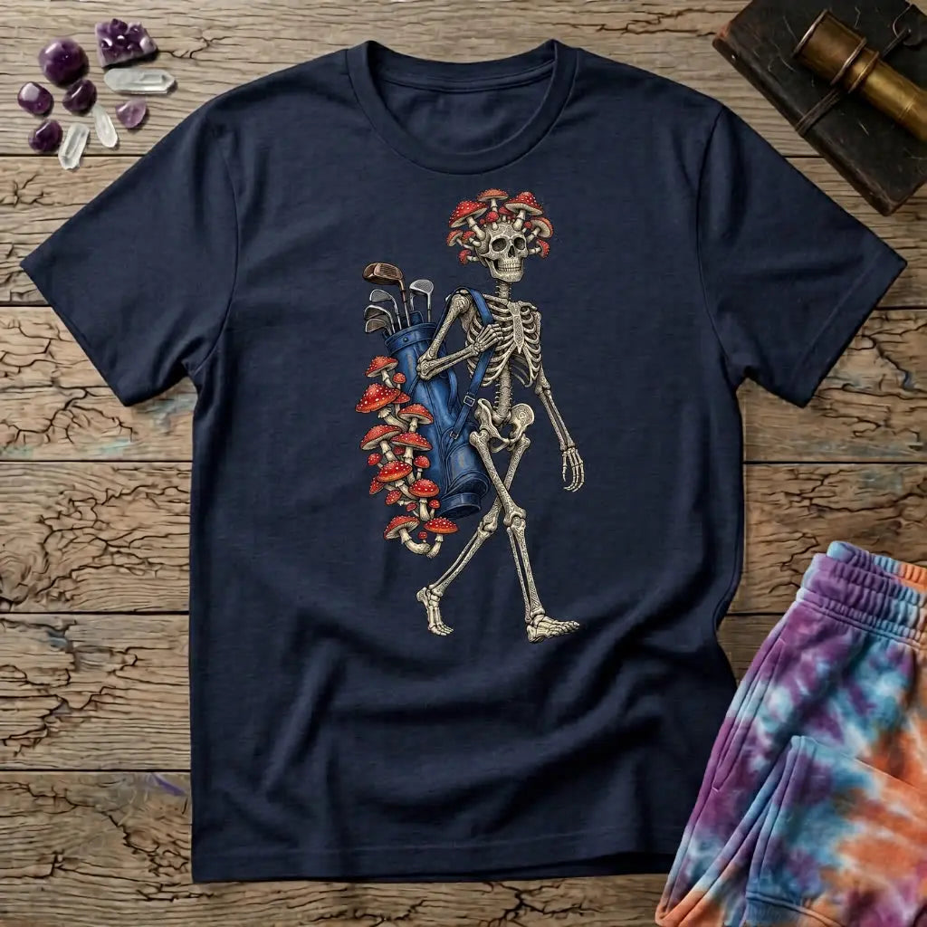 Skeleton carrying a navy golf bag with red amanita mushrooms sprouting from the clubs and skull, on a Navy unisex t-shirt