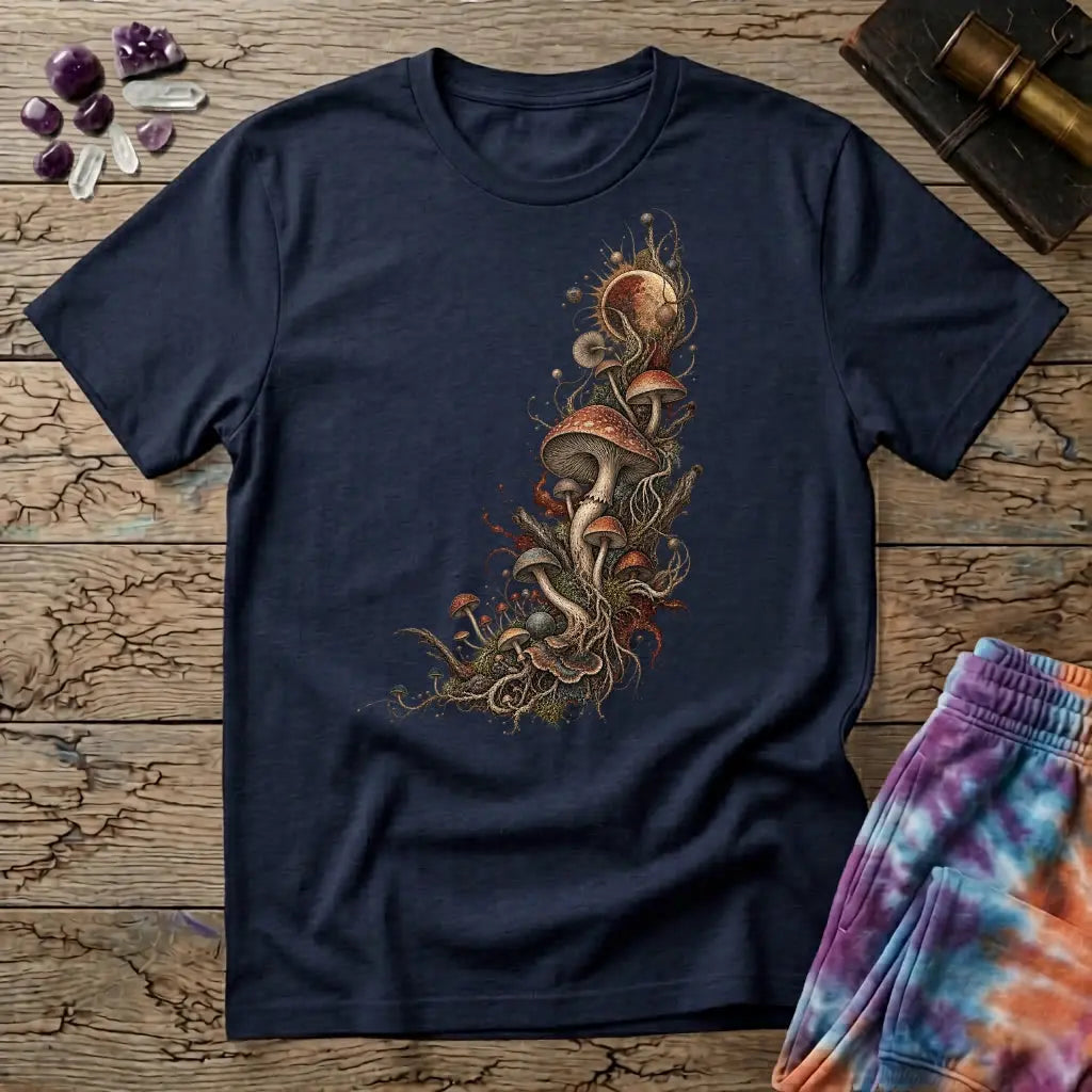 Asymmetric cluster of mushrooms, roots and moss beneath an eclipsed sun, on a Navy unisex t-shirt