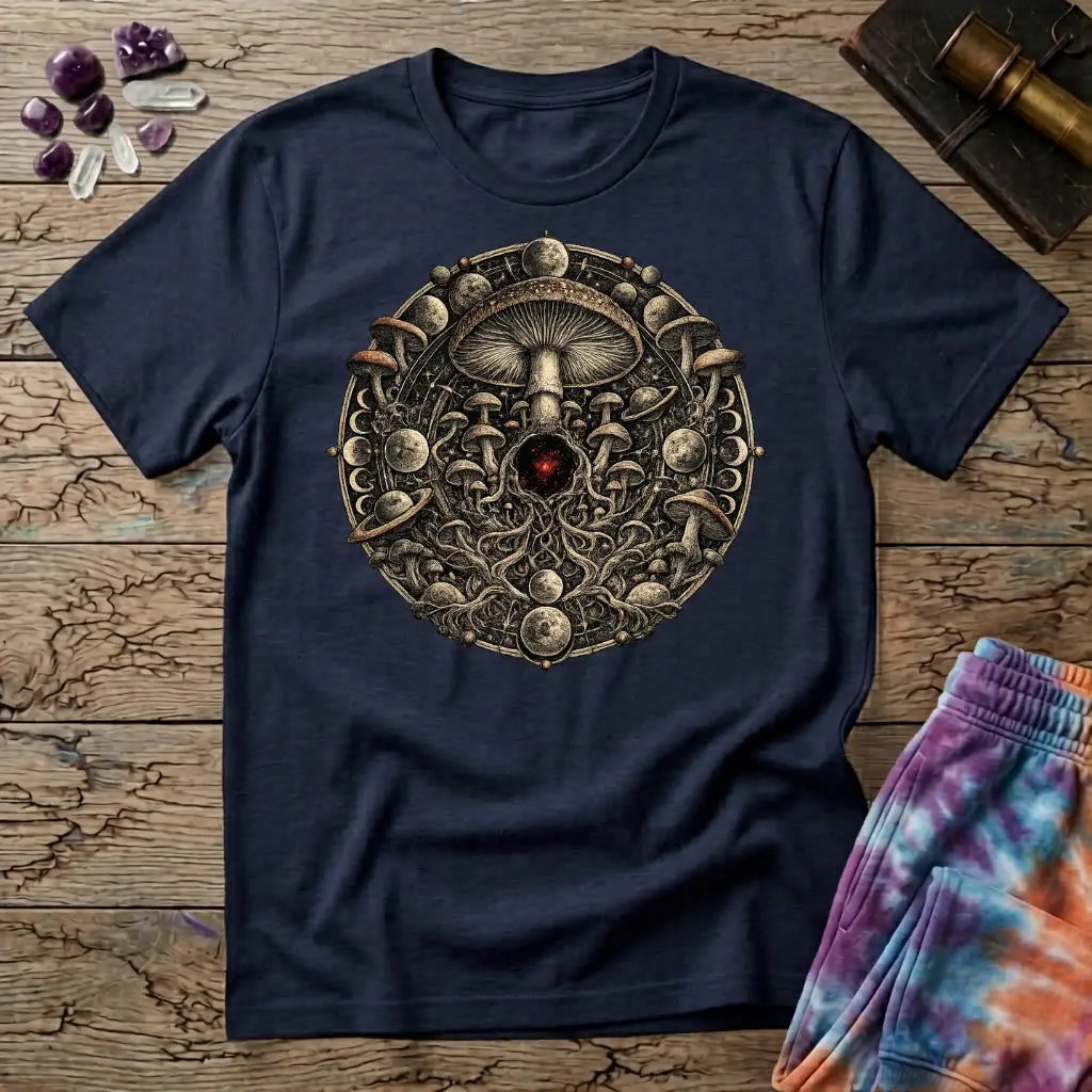 Ornate mushroom mandala ringed with moon phases and planets around a glowing red gem, on a Navy unisex t-shirt
