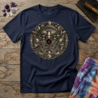 Ornate mushroom mandala ringed with moon phases and planets around a glowing red gem, on a Navy unisex t-shirt