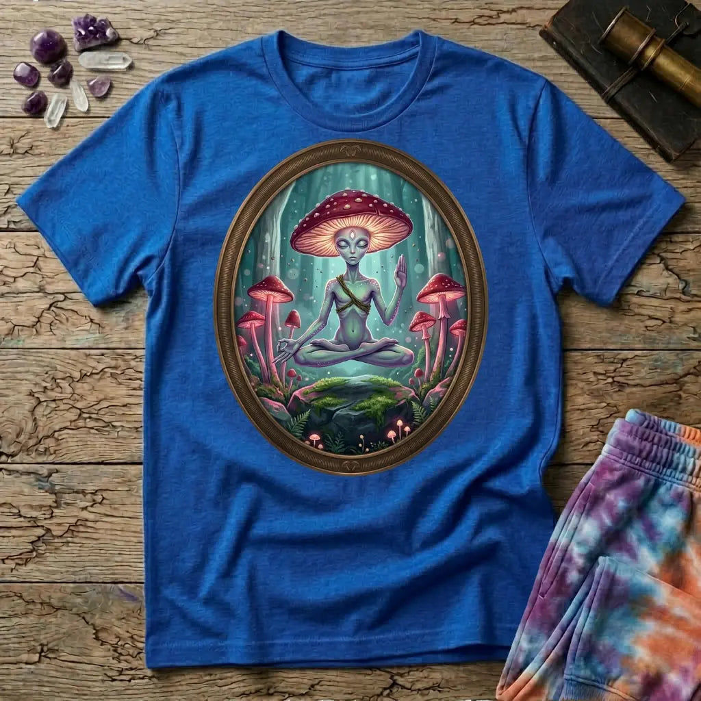 A mushroom-capped alien meditating on a mossy rock in an oval forest frame, on a Royal blue unisex t-shirt