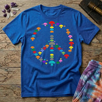 A peace sign made of small rainbow mushrooms, on a Royal blue unisex t-shirt