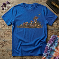 Horizon of iridescent mushrooms and tangled roots under a crescent moon, on a Royal blue unisex t-shirt
