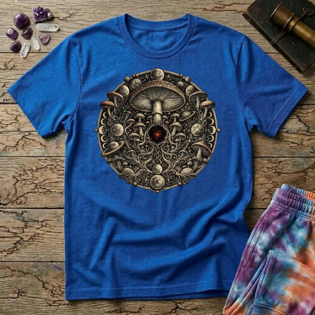 Ornate mushroom mandala ringed with moon phases and planets around a glowing red gem, on a Royal blue unisex t-shirt