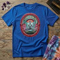 Your Shaman meditating mushroom figure inside a ruby and gold frame, on a Royal blue unisex t-shirt