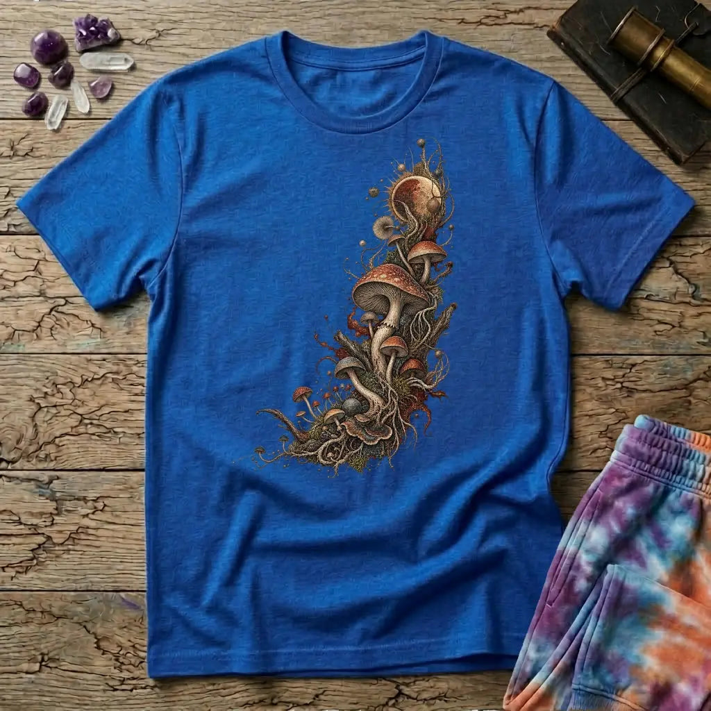 Asymmetric cluster of mushrooms, roots and moss beneath an eclipsed sun, on a Royal blue unisex t-shirt