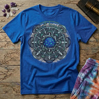 Circular blue and teal mushroom mandala ringed with mycelium threads, on a Royal blue unisex t-shirt