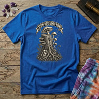 Slow Rot Good Vibes banner over an engraved stump crowded with bracket fungi and ferns, on a Royal blue unisex t-shirt