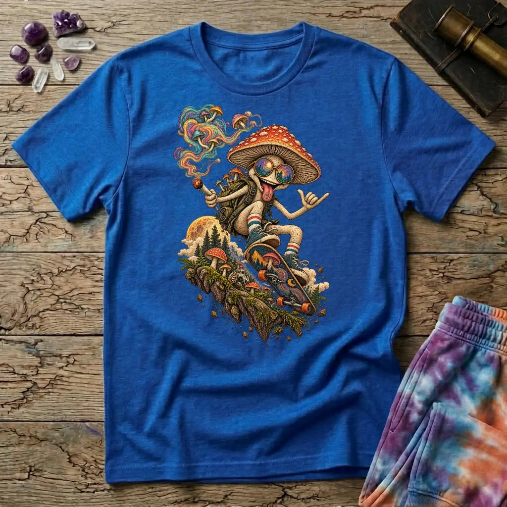 A sunglasses-wearing mushroom riding a skateboard past pines and a full moon, on a Royal blue unisex t-shirt