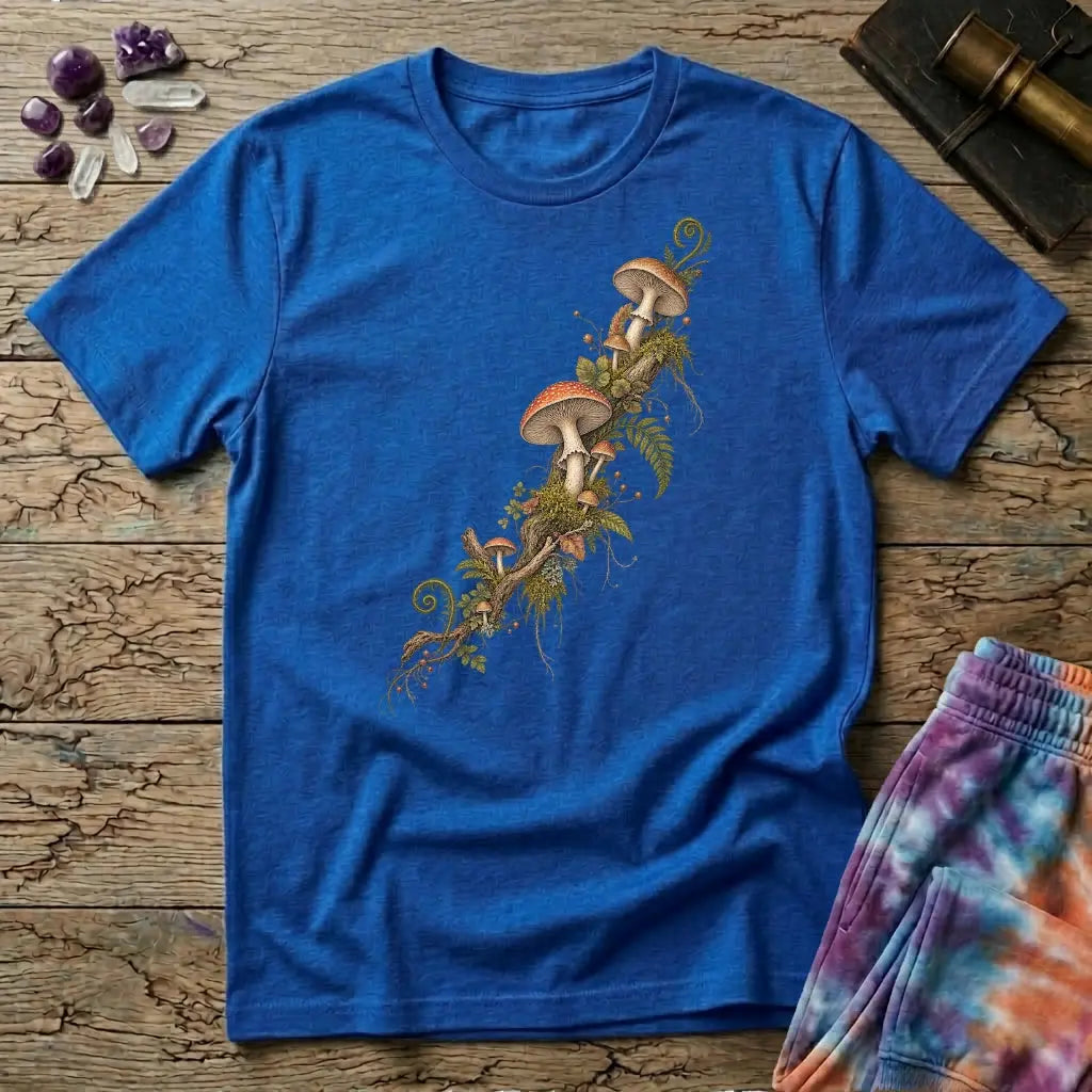 Amanita and moss climbing a branch on the diagonal, a botanical specimen study, on a Royal blue unisex t-shirt