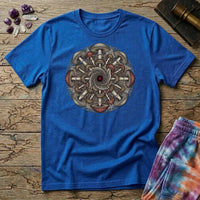 Symmetrical mandala of mirrored mushroom caps and root threads around a deep red center, on a Royal blue unisex t-shirt