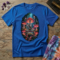 Amanita-crowned figure meditating in a glowing mushroom forest, on a Royal blue unisex t-shirt
