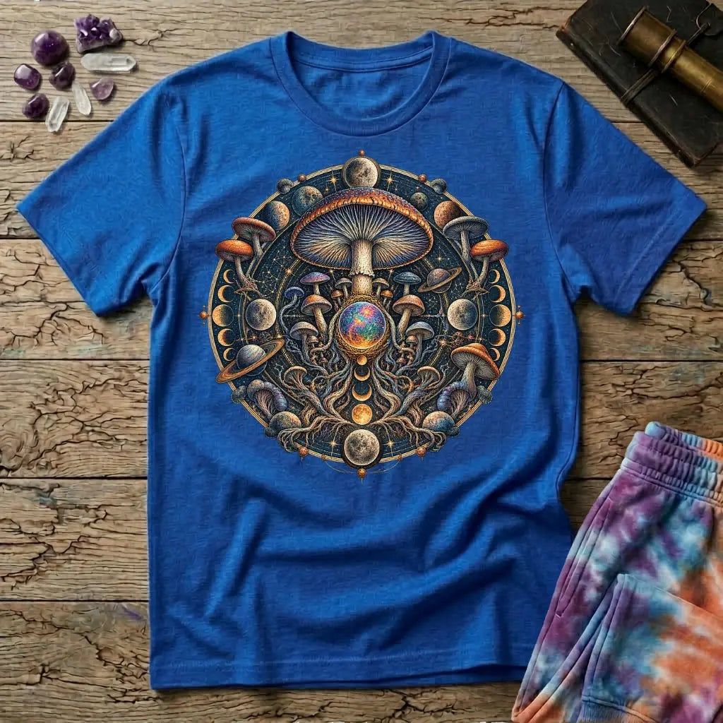 Cosmic mushroom mandala of moon phases, ringed planets and an opal orb, on a Royal blue unisex t-shirt