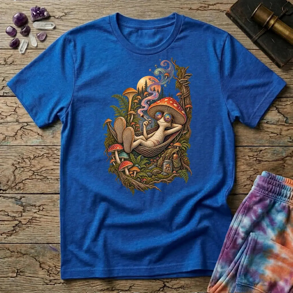 Mushroom character in round rainbow sunglasses relaxing in a hammock under a pine-lined moon, on a Royal blue unisex t-shirt