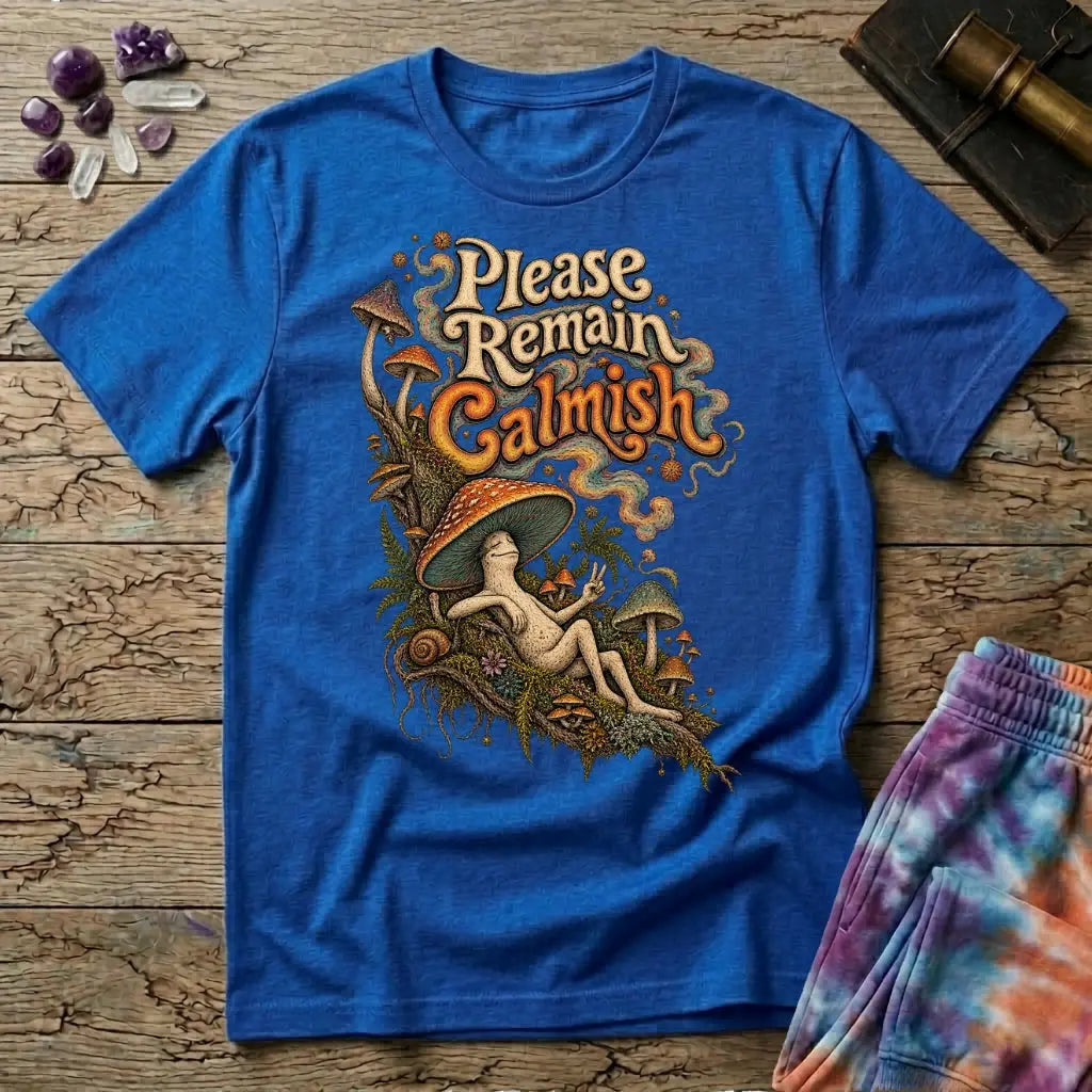 Please Remain Calmish retro lettering above a mushroom-capped character throwing a peace sign, on a Royal blue unisex t-shirt