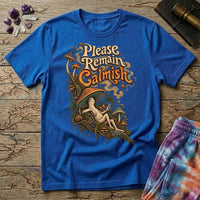 Please Remain Calmish retro lettering above a mushroom-capped character throwing a peace sign, on a Royal blue unisex t-shirt