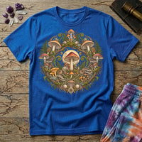Botanical wreath of amanita, chanterelle and bracket fungi woven with ferns, on a Royal blue unisex t-shirt