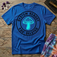 System Reboot Ego Deleted circular badge with a turquoise mushroom at its center, on a Royal blue unisex t-shirt