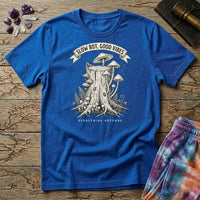 Slow Rot Good Vibes banner over an engraved stump crowded with bracket fungi, on a Royal blue unisex t-shirt