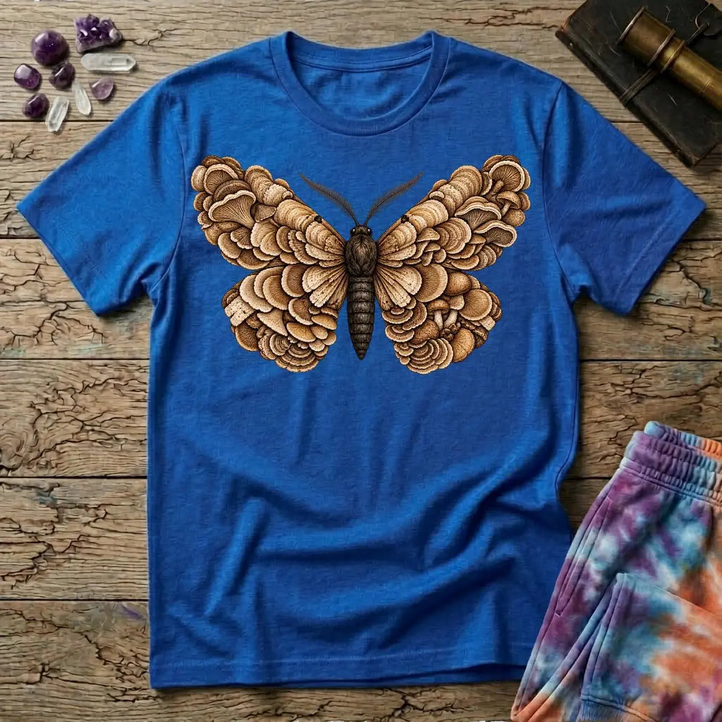 A moth with wings made of layered bracket mushrooms, on a Royal blue unisex t-shirt
