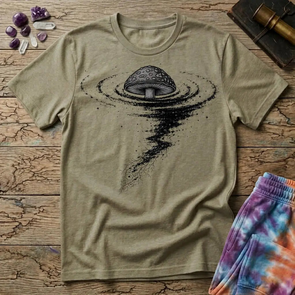 An inked mushroom above a spiraling tornado of stars and trailing roots, on a Sand unisex t-shirt