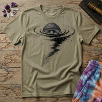 An inked mushroom above a spiraling tornado of stars and trailing roots, on a Sand unisex t-shirt