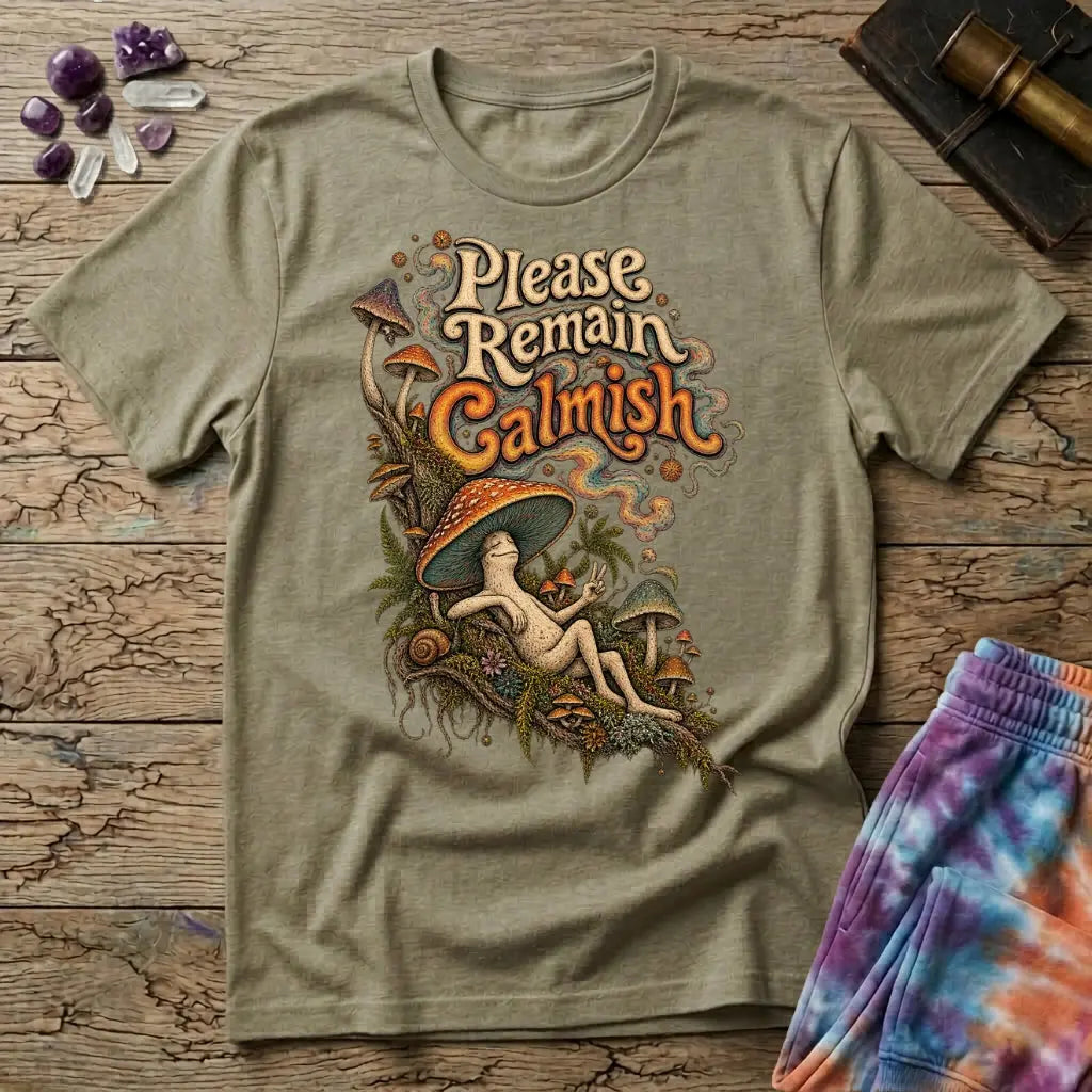 Please Remain Calmish retro lettering above a mushroom-capped character throwing a peace sign, on a Sand unisex t-shirt