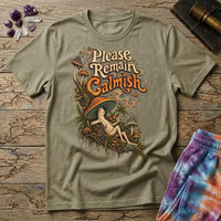Please Remain Calmish retro lettering above a mushroom-capped character throwing a peace sign, on a Sand unisex t-shirt