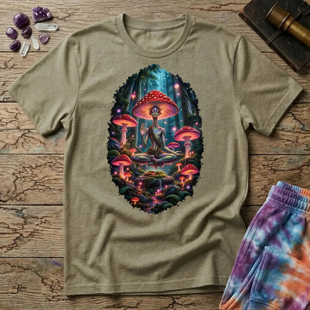 Amanita-crowned figure meditating in a glowing mushroom forest, on a Sand unisex t-shirt