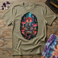 Amanita-crowned figure meditating in a glowing mushroom forest, on a Sand unisex t-shirt