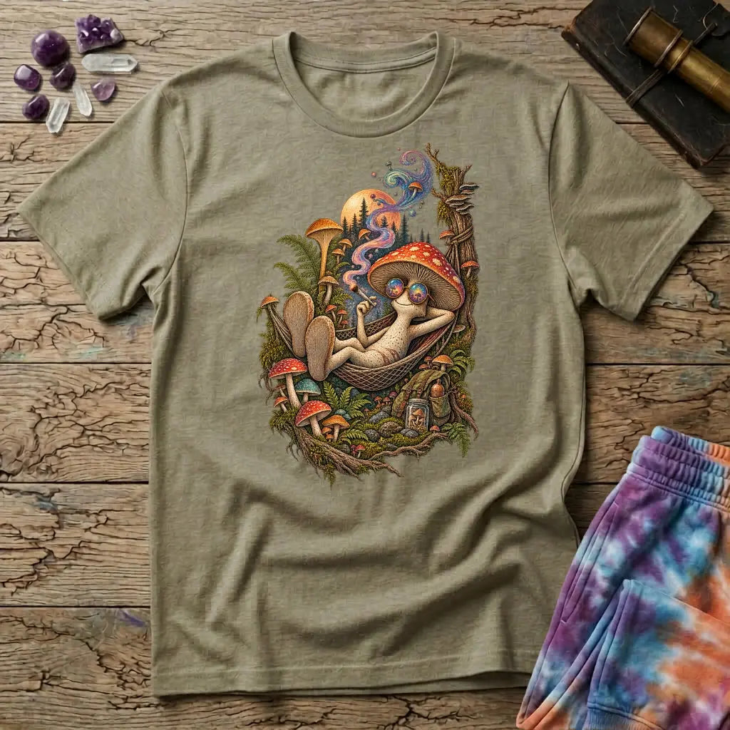 Mushroom character in round rainbow sunglasses relaxing in a hammock under a pine-lined moon, on a Sand unisex t-shirt