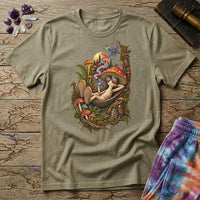 Mushroom character in round rainbow sunglasses relaxing in a hammock under a pine-lined moon, on a Sand unisex t-shirt