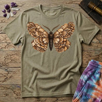 A moth with wings made of layered bracket mushrooms, on a Sand unisex t-shirt
