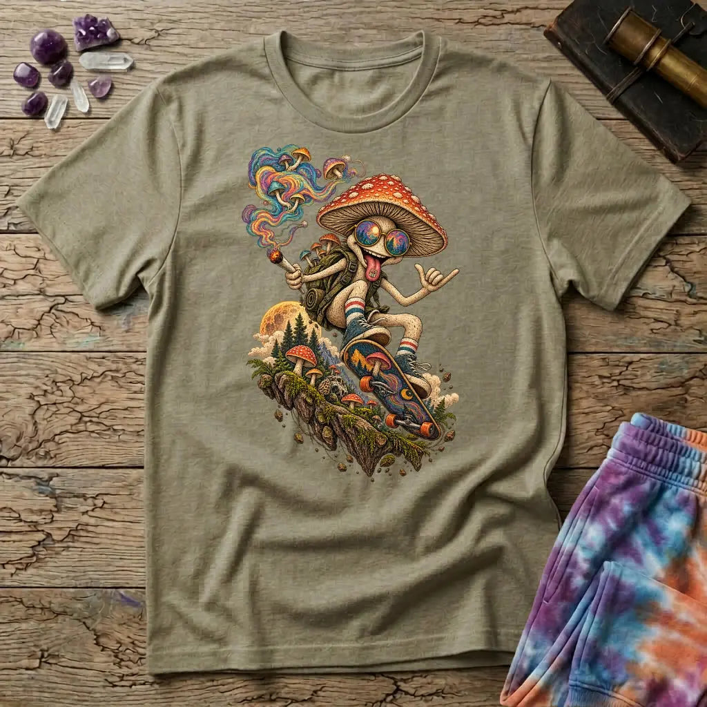 A sunglasses-wearing mushroom riding a skateboard past pines and a full moon, on a Sand unisex t-shirt