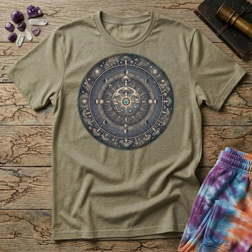 Tarnished bronze medallion of moon phases, constellations and mushroom caps around a glowing eye, on a Sand unisex t-shirt