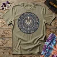 Tarnished bronze medallion of moon phases, constellations and mushroom caps around a glowing eye, on a Sand unisex t-shirt