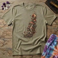 Asymmetric cluster of mushrooms, roots and moss beneath an eclipsed sun, on a Sand unisex t-shirt