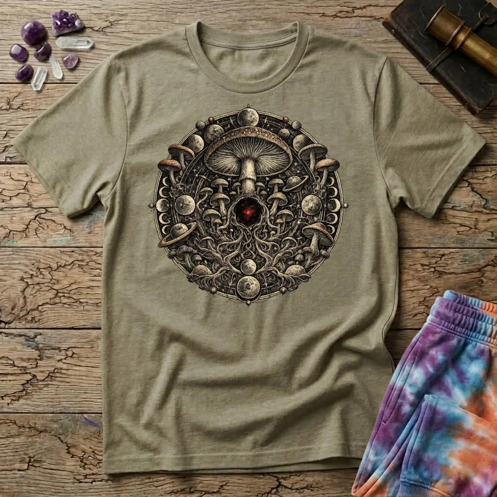 Ornate mushroom mandala ringed with moon phases and planets around a glowing red gem, on a Sand unisex t-shirt