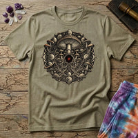 Ornate mushroom mandala ringed with moon phases and planets around a glowing red gem, on a Sand unisex t-shirt