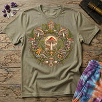 Botanical wreath of amanita, chanterelle and bracket fungi woven with ferns, on a Sand unisex t-shirt