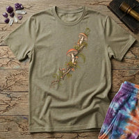 Amanita and moss climbing a branch on the diagonal, a botanical specimen study, on a Sand unisex t-shirt
