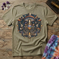 Cosmic mushroom mandala of moon phases, ringed planets and an opal orb, on a Sand unisex t-shirt