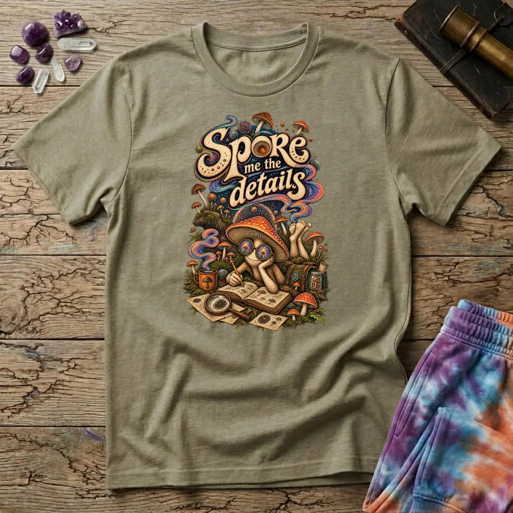 Spore Me the Details lettering above a mushroom character taking notes over spore prints, on a Sand unisex t-shirt