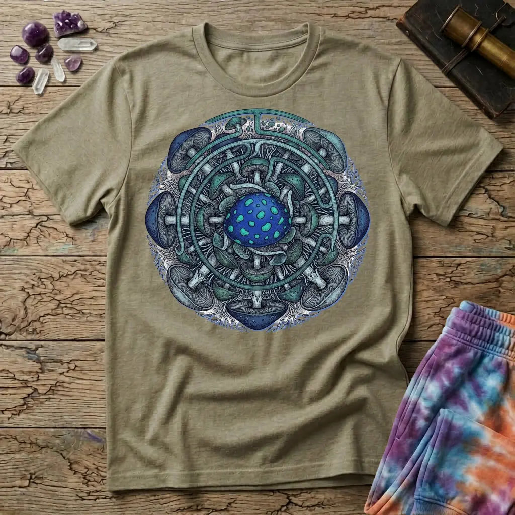 Circular blue and teal mushroom mandala ringed with mycelium threads, on a Sand unisex t-shirt