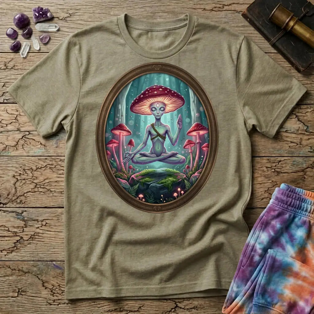 A mushroom-capped alien meditating on a mossy rock in an oval forest frame, on a Sand unisex t-shirt