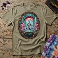 A mushroom-capped alien meditating on a mossy rock in an oval forest frame, on a Sand unisex t-shirt
