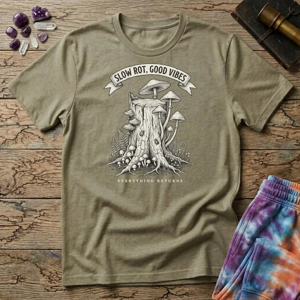 Slow Rot Good Vibes banner over an engraved stump crowded with bracket fungi, on a Sand unisex t-shirt