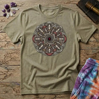 Symmetrical mandala of mirrored mushroom caps and root threads around a deep red center, on a Sand unisex t-shirt