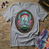 A mushroom-capped alien meditating on a mossy rock in an oval forest frame, on a Sport Grey unisex t-shirt